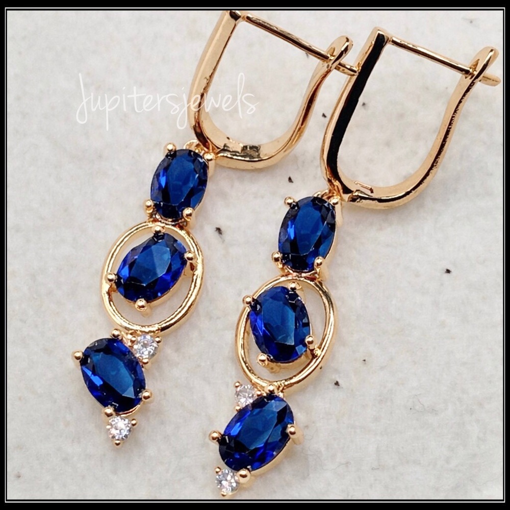 NEW 14K GOLD 3 STONE BLUE SAPPHIRE DROP EARRINGS